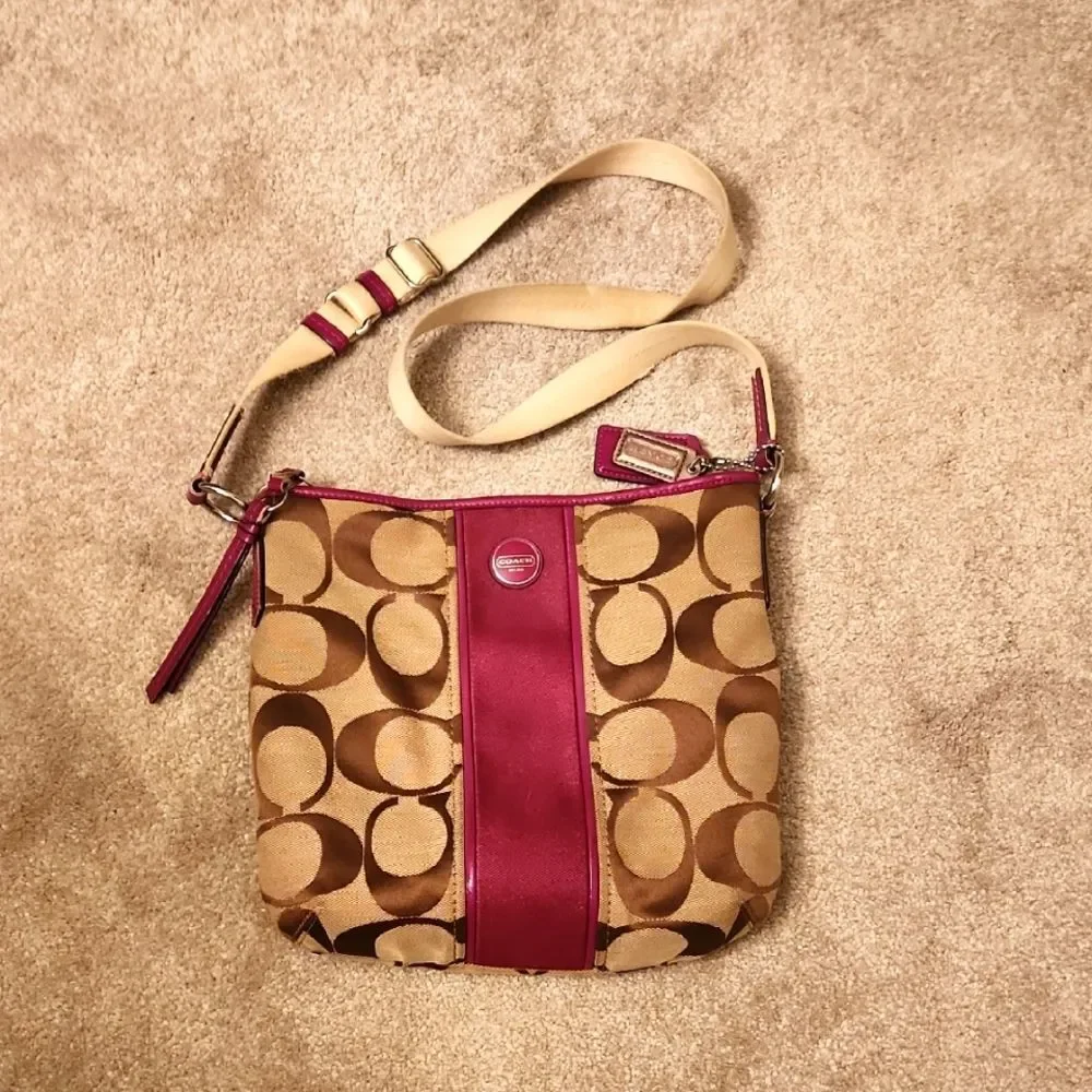Coach Signature Stripe Crossbody Bag Fuschia Purple & Brown